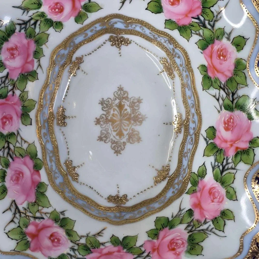 Antique Nippon IE&C Co Hand Painted 4-Footed Porcelain Bowl Cobalt Pink Roses 9